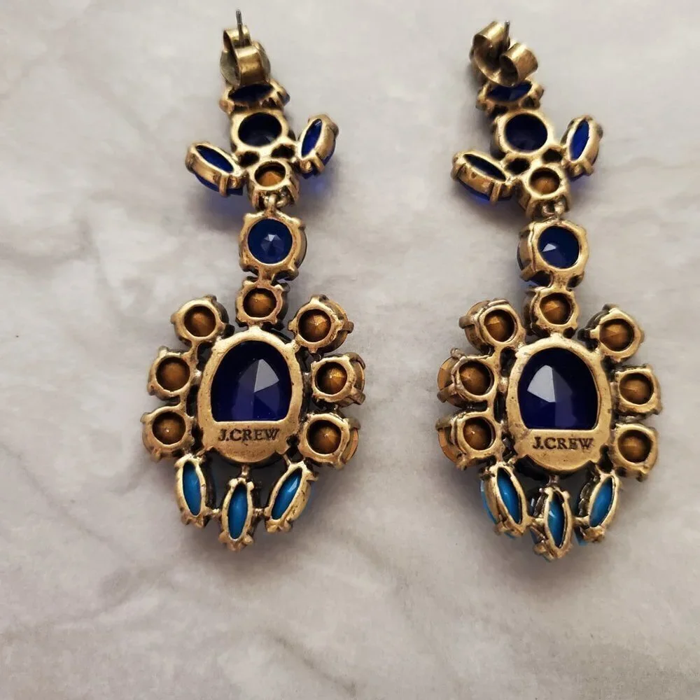 💖 J.Crew Blue Grey Rhinestones Crystals Cluster Statement Drop Dangle Earrings